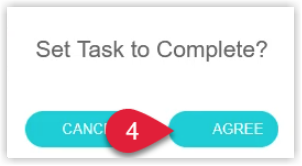 Annotated screenshot of the Staff Portal Set Task to Complete confirmation in RMS highlighting the Agree button