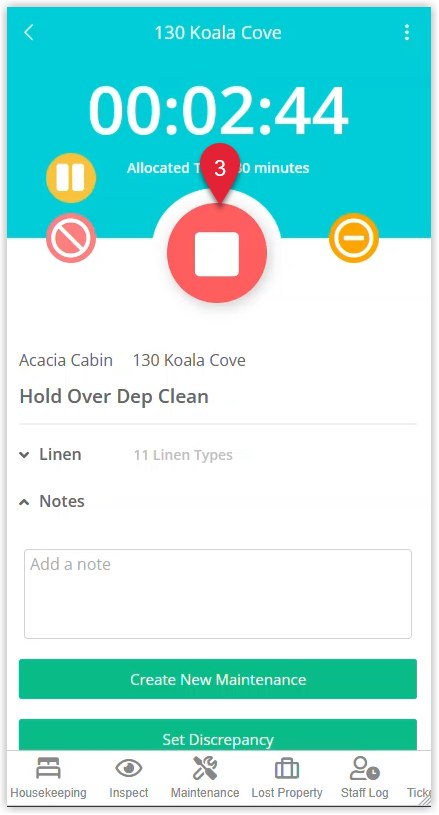 Annotated screenshot of the Staff Portal task screen in RMS highlighting the stop button to finish the clean