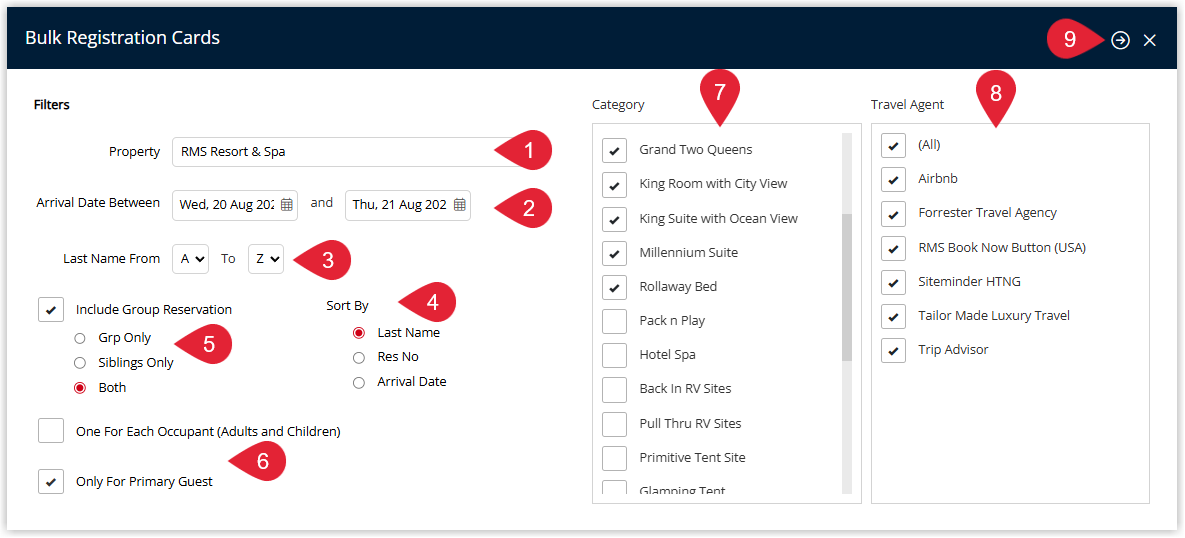 RMS Bulk Rego Card (Bulk Registration Card) screen showing filters for Property, Arrival Date Range, optional Alphabetical Surname Range, Sorting options, checkboxes for Include Group Reservation, One for Each Occupant or Only for the Primary Guest, a list of Categories to select, an optional Travel Agent filter, and the Build button highlighted to generate registration cards using the designated Registration Card form letter for all matching reservations.