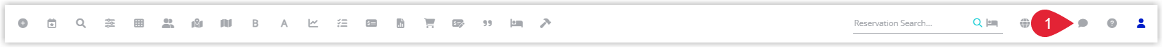 RMS main screen with the top toolbar visible, showing the Message Centre icon highlighted and the Message Centre panel or window open with message types such as Staff, SMS and Email.