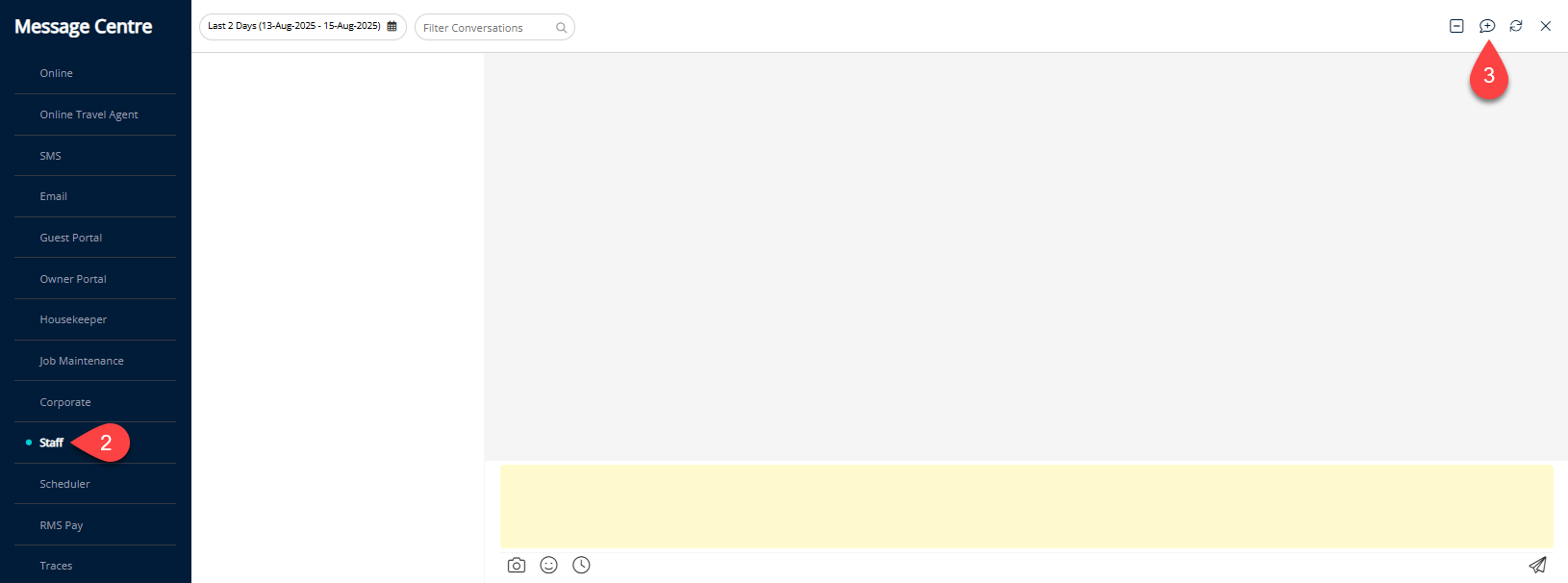 Message Centre screen in RMS with the Staff message type selected and a New or Add Message icon highlighted to create a new staff message thread.