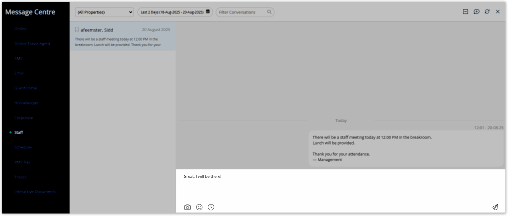 Open staff conversation in the Message Centre showing the message history between users and a reply field at the bottom where the recipient can type a response and send it, with all participants able to view the full thread.