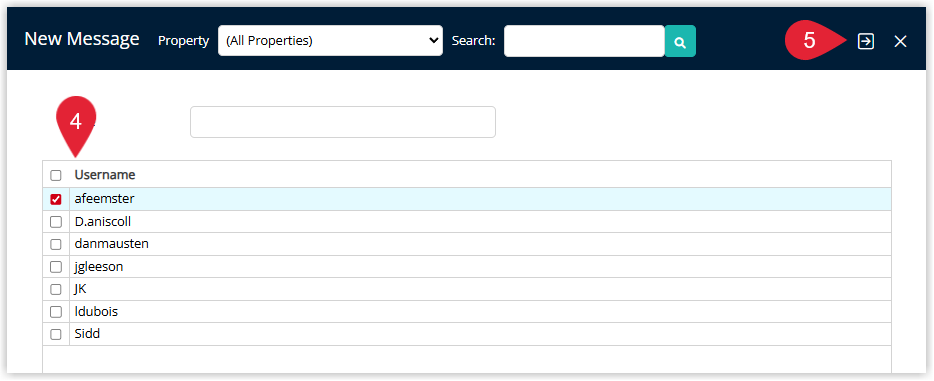 Recipient selection window in the Message Centre showing a list of RMS users with checkboxes beside each name, one or more users selected and a Proceed or Next button/icon highlighted to continue composing the staff message.