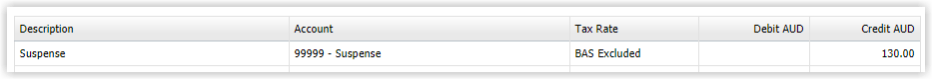 Screenshot of the Xero Online Export showing Suspense Receipt entries posted to a suspense General Ledger code to hold unmatched or unallocated receipts.