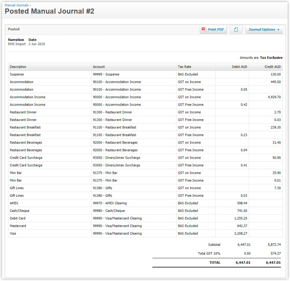  Screenshot of the Xero Online Export file for Cash Accounting showing sample journal lines where revenue is recognised on payment, including dates, GL codes, tax codes and amounts received.