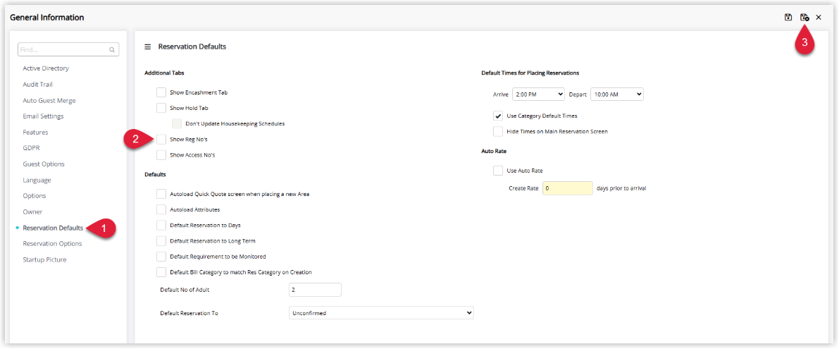 Annotated screenshot of the Reservation Defaults screen in RMS with the Show Reg No's and Show Access No's options highlighted
