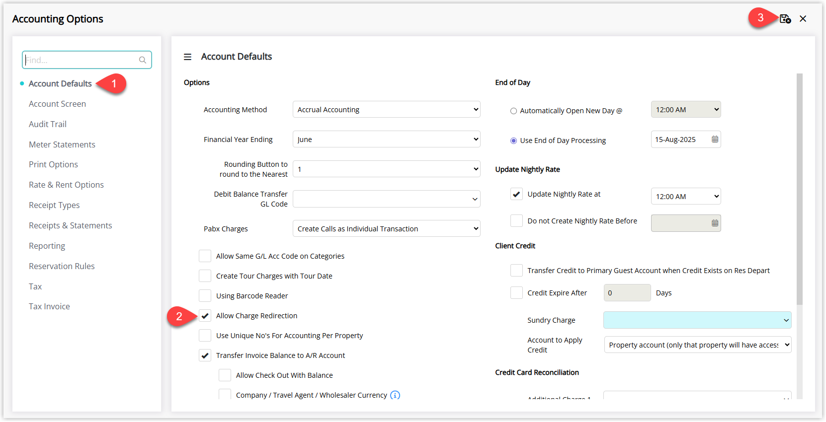 Screenshot of the Accounting Options window in RMS with the Account Defaults tab selected, showing the Allow Charge Redirection checkbox ticked and the Save/Exit button highlighted to enable the feature.