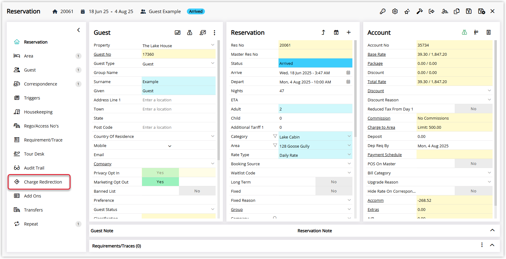 Screenshot of a reservation in RMS showing a Charge Redirection tab alongside other reservation tabs, indicating where users can configure how charges are diverted between guest and reservation accounts or reservation account types.