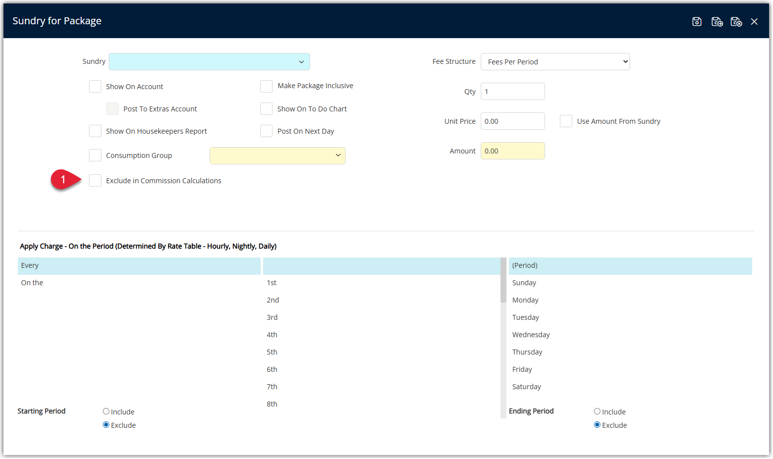 RMS Package setup screen (for a Rate Type, Derived Rate Type, Rate Table, or Reservation Account) showing a list of Package Components with one component selected, and the option Exclude in Commission Calculations ticked, indicating that the value of this package item will not be included when calculating Travel Agent or Wholesaler commissions.