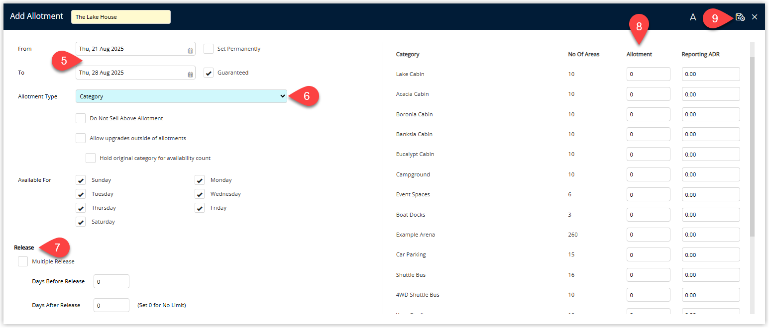Travel Agent allotment setup screen showing date range, Set Permanently and Guaranteed Allotment options, allotment type, release settings (multiple or single release), daily allotment quantities, optional Reporting ADR and a Save/Exit button