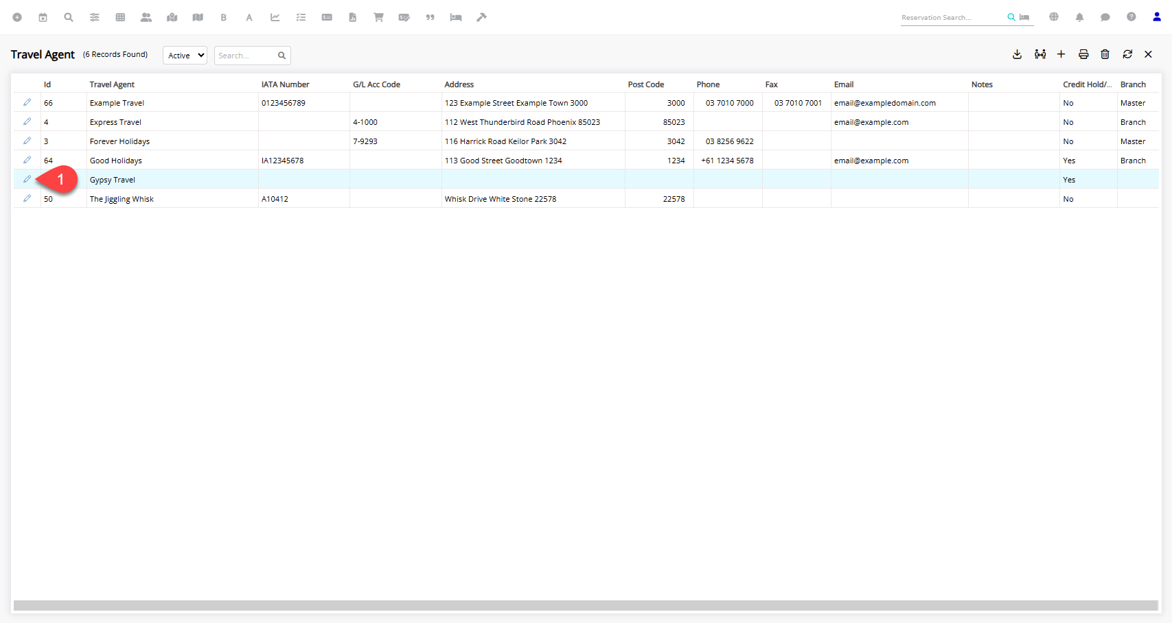 Travel Agent list in RMS showing existing agents with an Edit option to open a selected Travel Agent profile