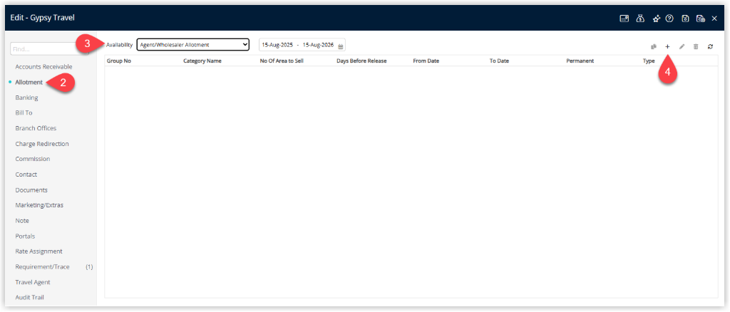 Travel Agent profile on the Allotment tab with Availability set to Agent/Wholesaler Allotment and an Add button to create a new allotment