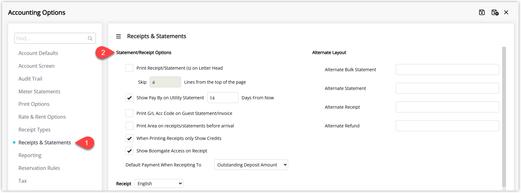 Screenshot of the Accounting Options window in RMS with the Receipts & Statements tab selected, showing various checkboxes and settings that control how account statements are formatted and generated for the selected property.