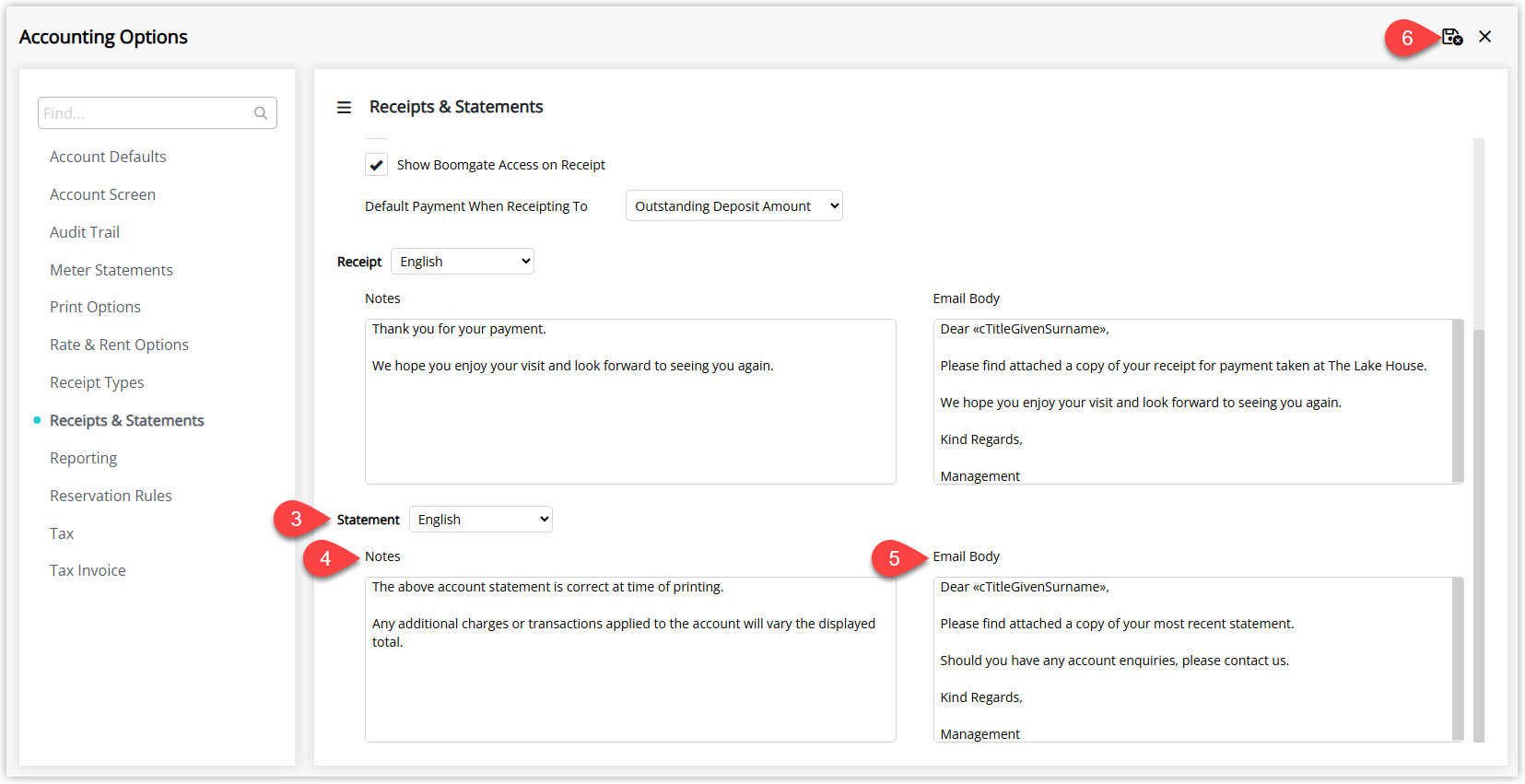 Screenshot of the Statement section on the Receipts & Statements tab in RMS, showing a Notes field for footer text on printed/PDF statements and an Email Body text area for the message included when statements are emailed, with the Save/Exit button highlighted.