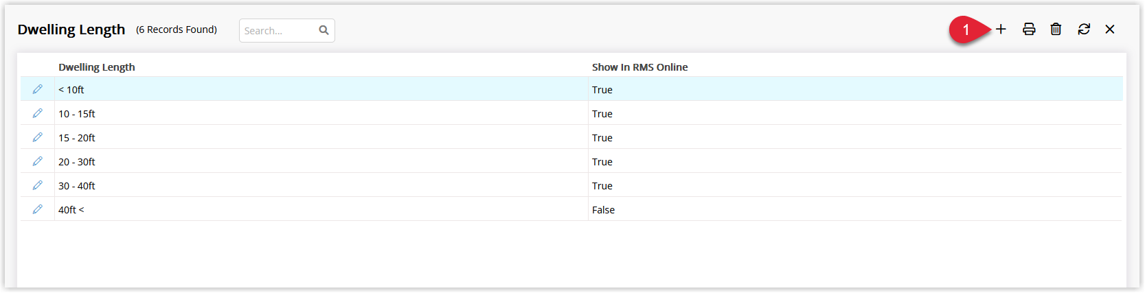 Screenshot of the Dwelling Length lookup table in RMS showing a list of existing dwelling lengths and the Add button used to create a new dwelling length entry.