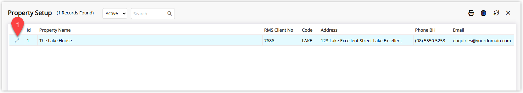 Property Information list in RMS showing multiple properties with one property highlighted and the Edit option selected to open that property’s settings