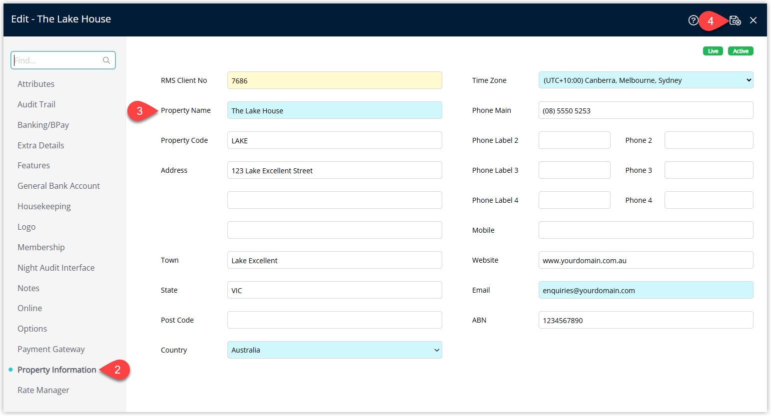 Property settings window in RMS on the Property Information tab, displaying the Property Name field updated with a new name and the Save/Exit button highlighted to apply the change across RMS and connected portals