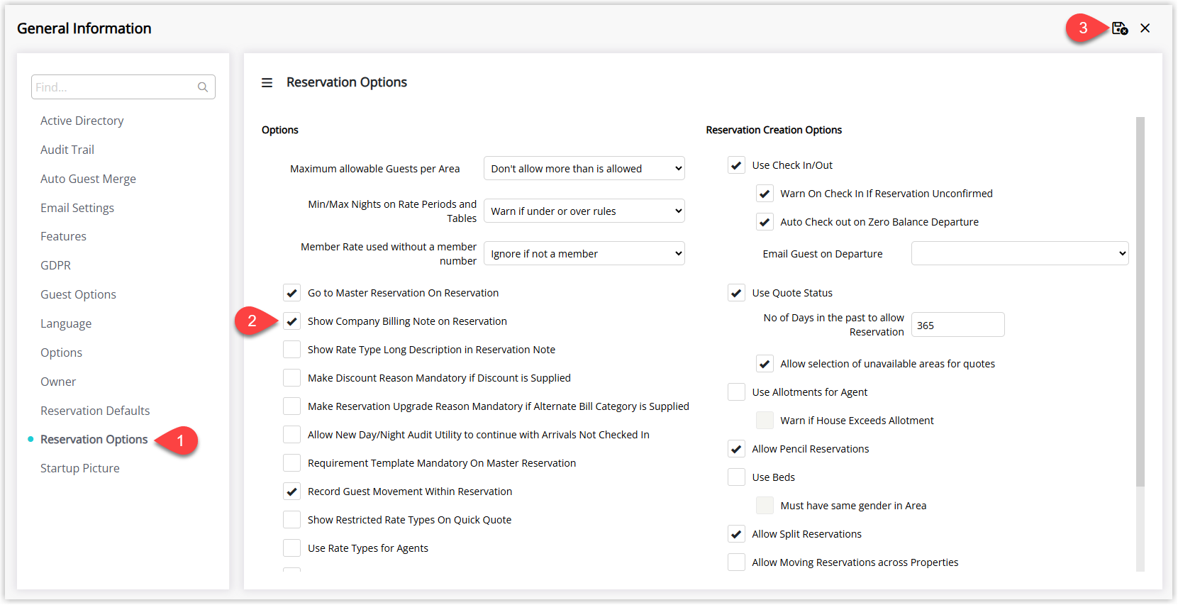 RMS Property General Information window on the Reservation Options tab, showing the option Show Company Billing Note on Reservation ticked and the Save/Exit button highlighted, indicating that any Billing Notes on a selected Company will now automatically appear in the Reservation Notes.
