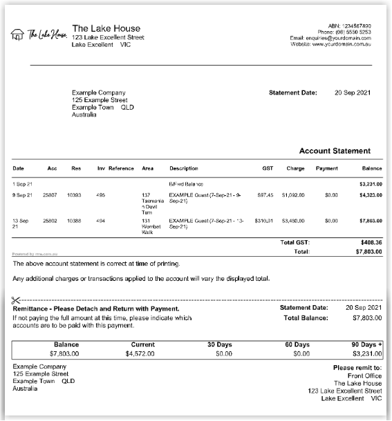 Screenshot of the generated Account Statement in RMS showing transactions, balance and remittance details