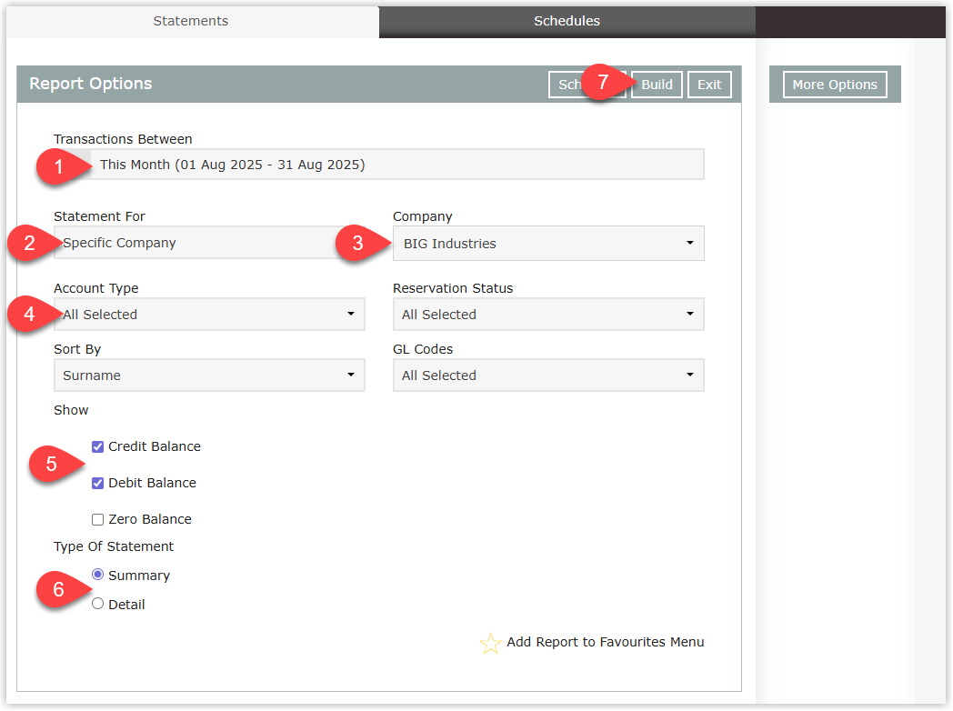 Screenshot of the Statements report parameter screen in RMS showing the date range, Statement For, Account Type and Build options