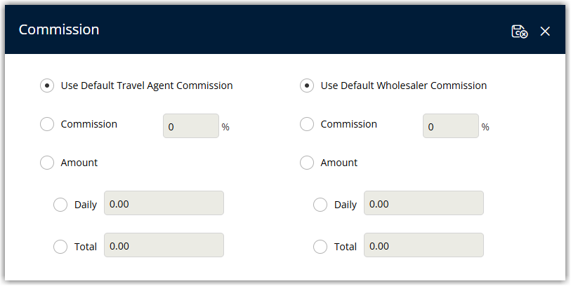 Screenshot of the Commission dialog in RMS showing the default, percentage, and amount options for Travel Agent and Wholesaler commission