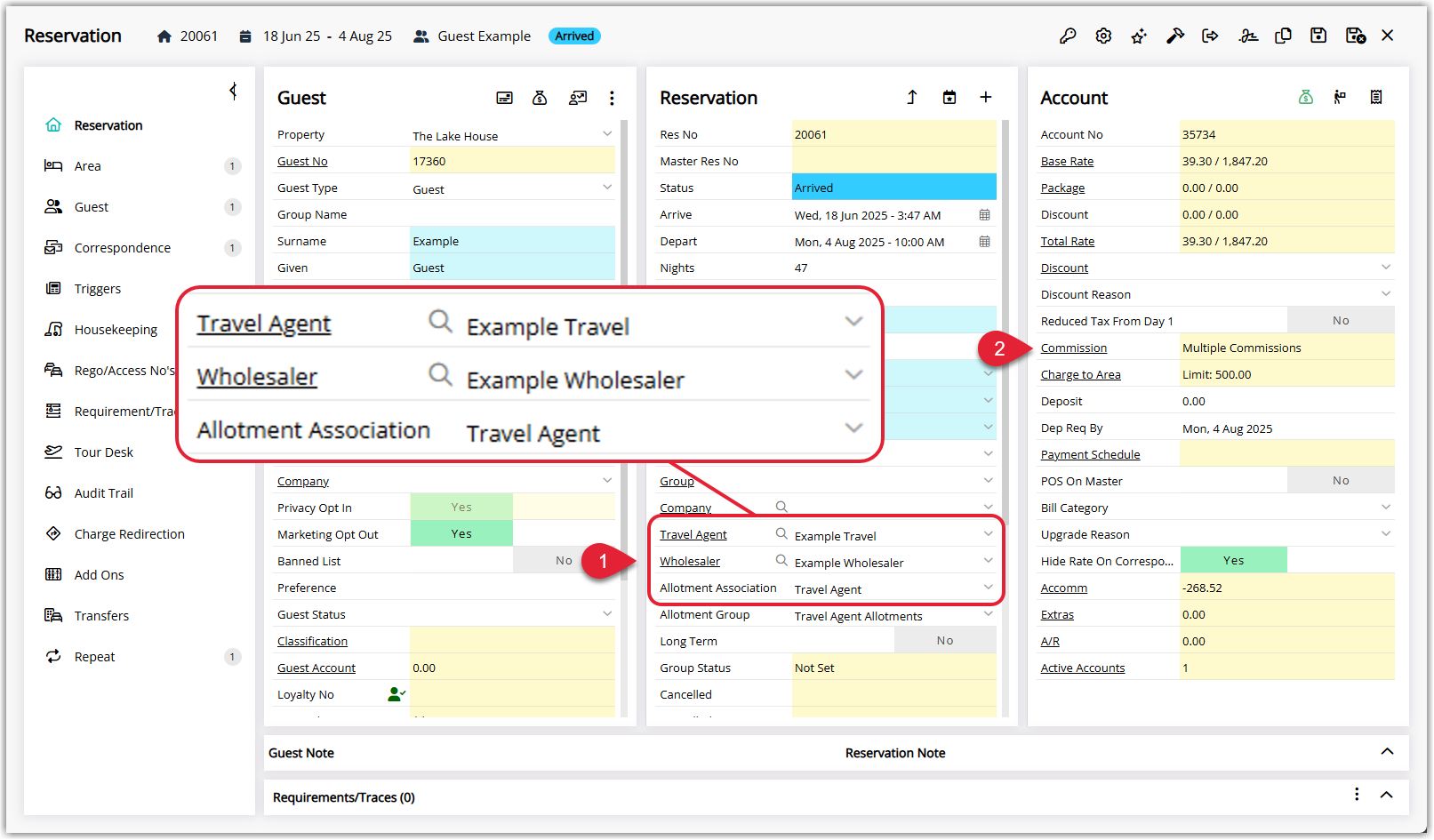 Annotated screenshot of a reservation in RMS with the Travel Agent, Wholesaler, and Allotment Association fields highlighted