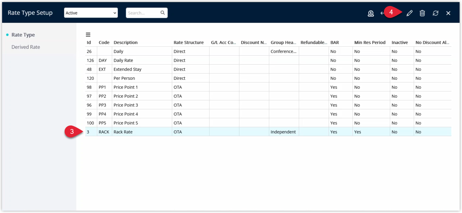 Screenshot of the Tax tab on the Rate Type showing the list of available taxes with checkboxes to include or exclude each tax from the rate.