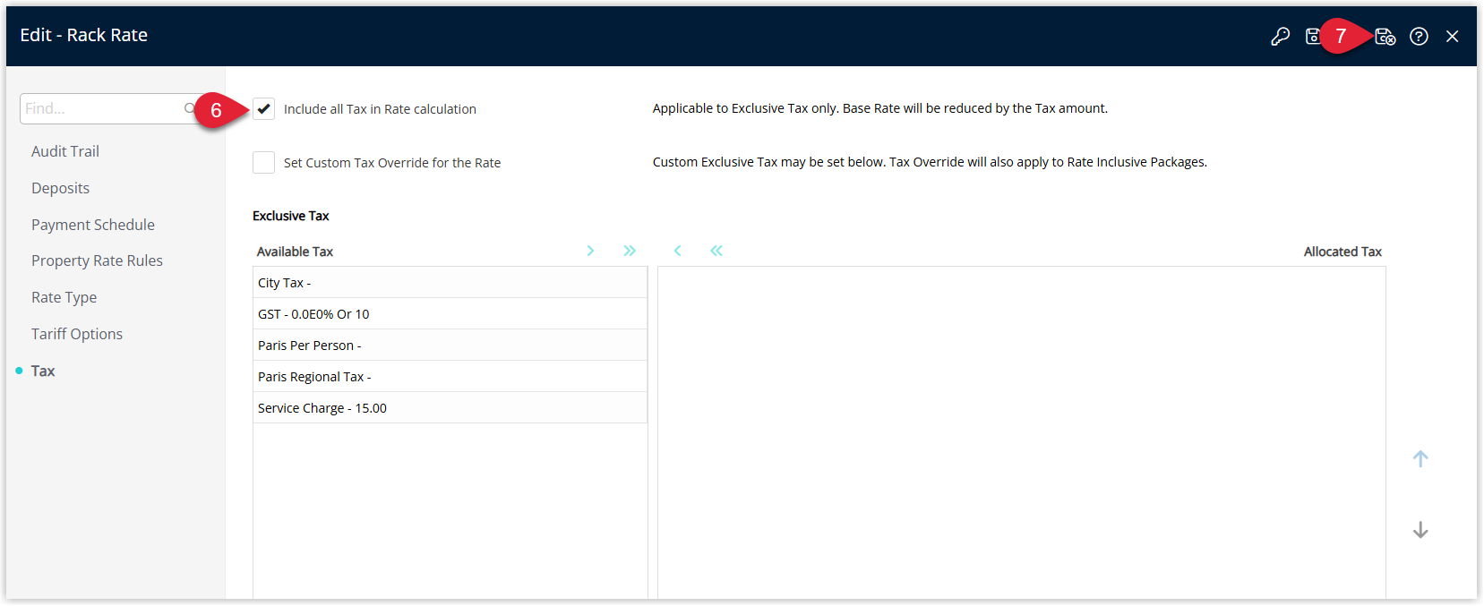 Screenshot of the Rate Type Tax tab showing the Include all Tax in Rate calculation checkbox used to determine whether the nightly rate amount is tax inclusive or exclusive.
