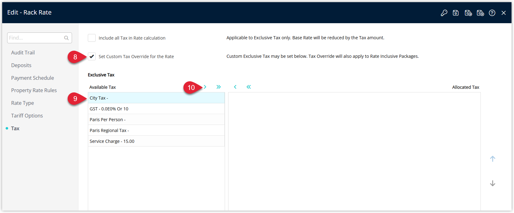 Screenshot of the Set Custom Tax for this Rate option on the Rate Type Tax tab showing custom tax selection fields that override the default property tax settings for this rate.