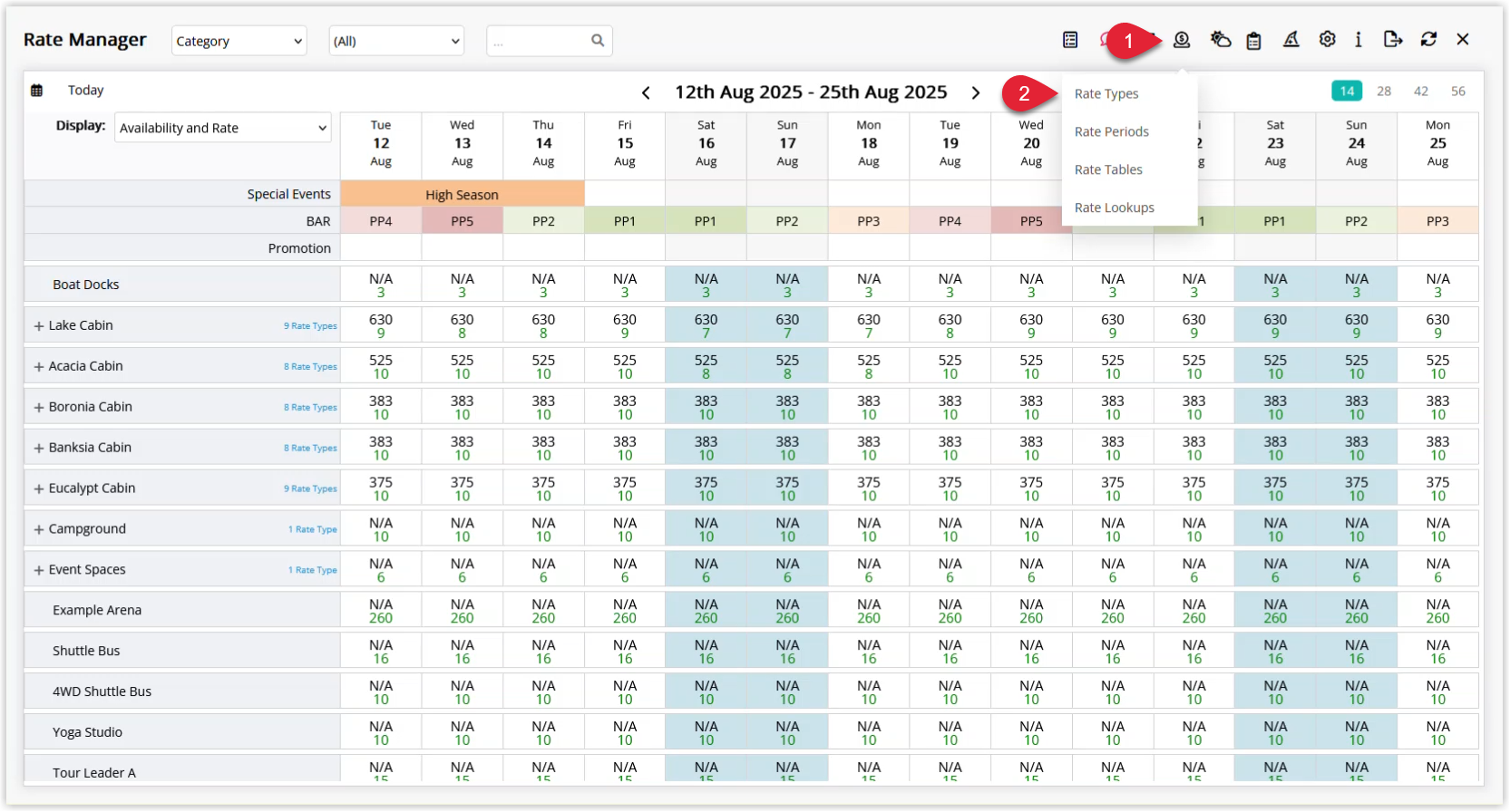Screenshot of the Rate Type setup screen in RMS with the Tax tab selected, showing options to control how tax is applied and calculated for the rate.