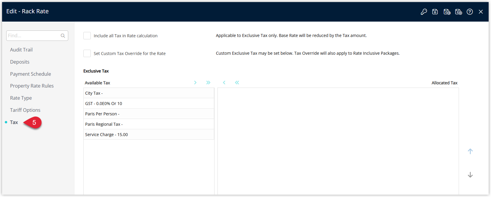 Screenshot of the Rate Type Tax tab layout in RMS displaying tax codes, descriptions and selection options for configuring tax behaviour on the rate.