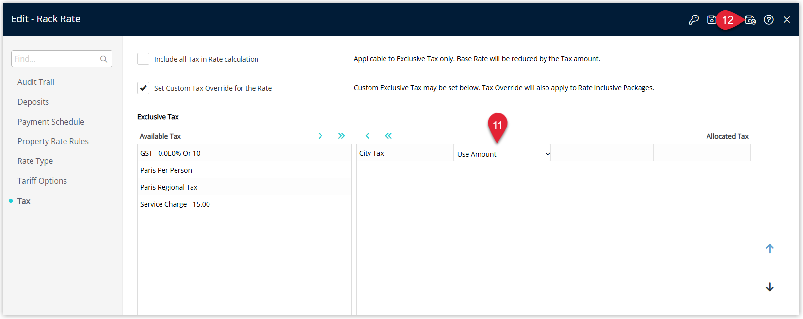Screenshot of the Tax Calculation Option drop-down on the Rate Type Tax tab showing available calculation methods for how tax is applied to the rate amount.