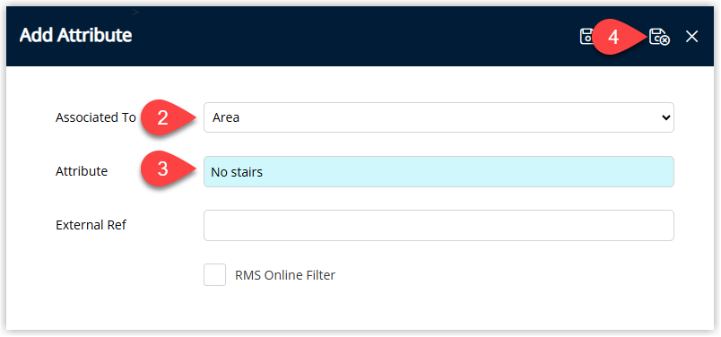 Attribute creation form showing name field, Associated To dropdown, and RMS Online Filter checkbox