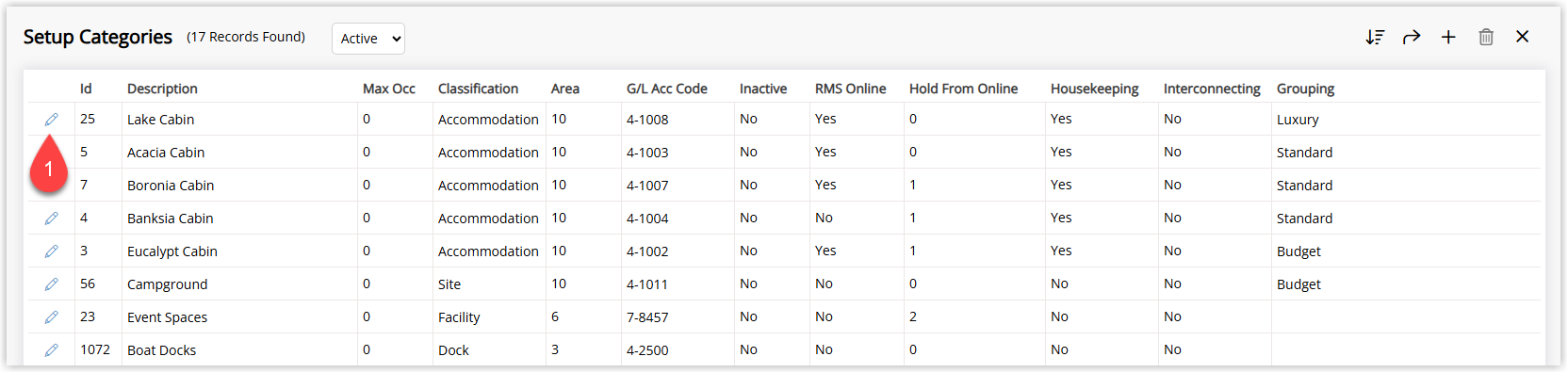 Category/Area list with Edit button visible for a selected category