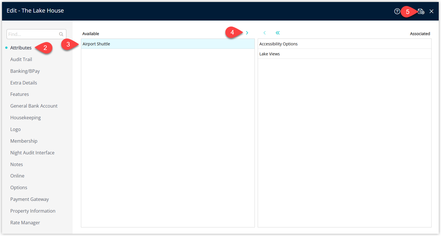 Property Attributes tab showing available Attributes on the left and assigned Attributes on the right with transfer arrows