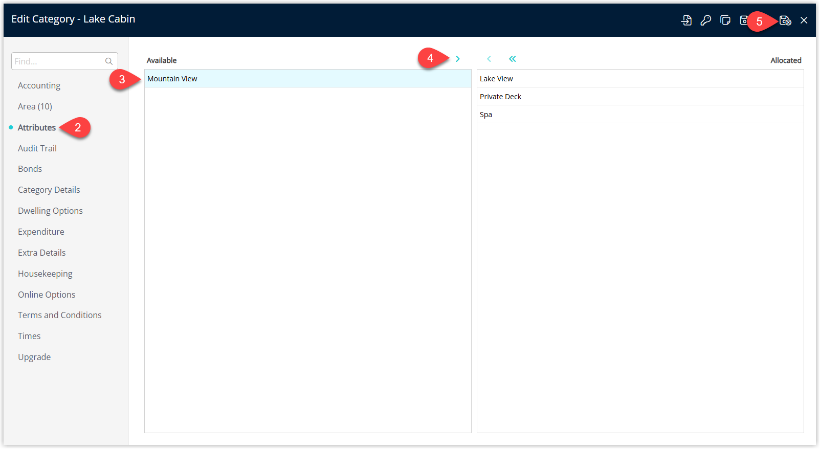 Category Attributes tab showing available Attributes on the left and assigned Attributes on the right with transfer arrows