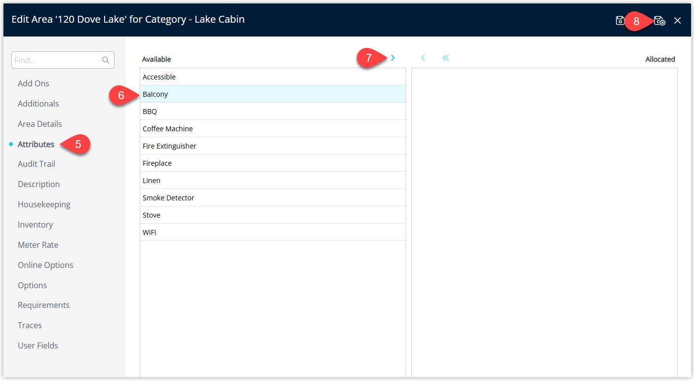 Area Attributes tab showing available Attributes on the left and assigned Attributes on the right with transfer arrows