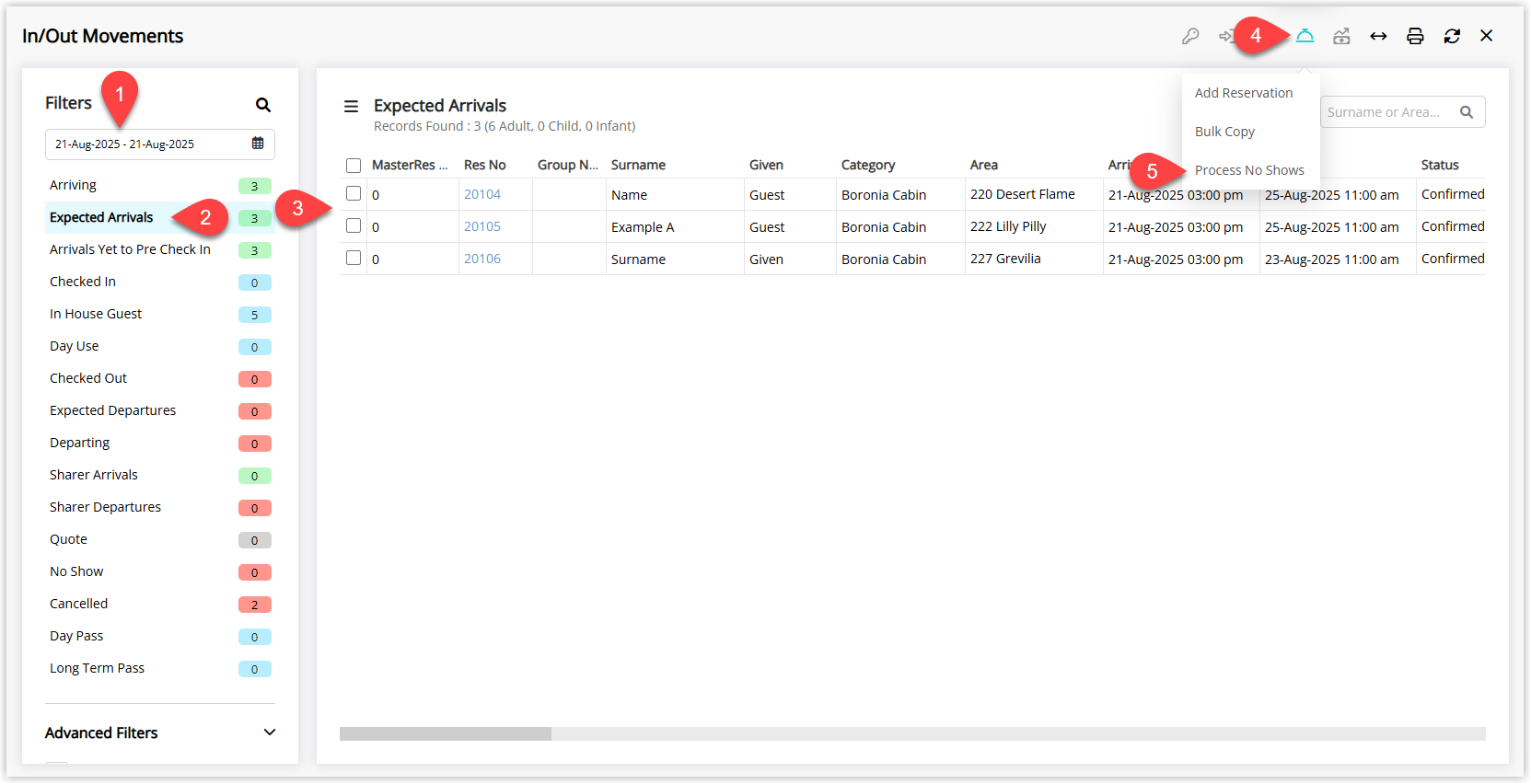 Annotated screenshot of the In/Out Movements screen in RMS showing Expected Arrivals with the actions menu open and Process No Shows highlighted