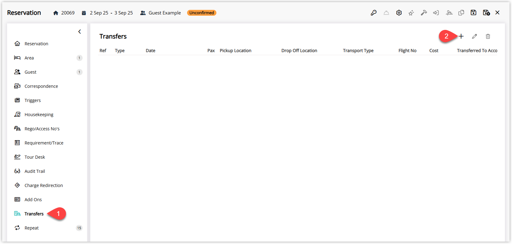 Screenshot of a reservation in RMS with the Transfers tab selected and the Add button highlighted to create a new guest transfer for the booking.