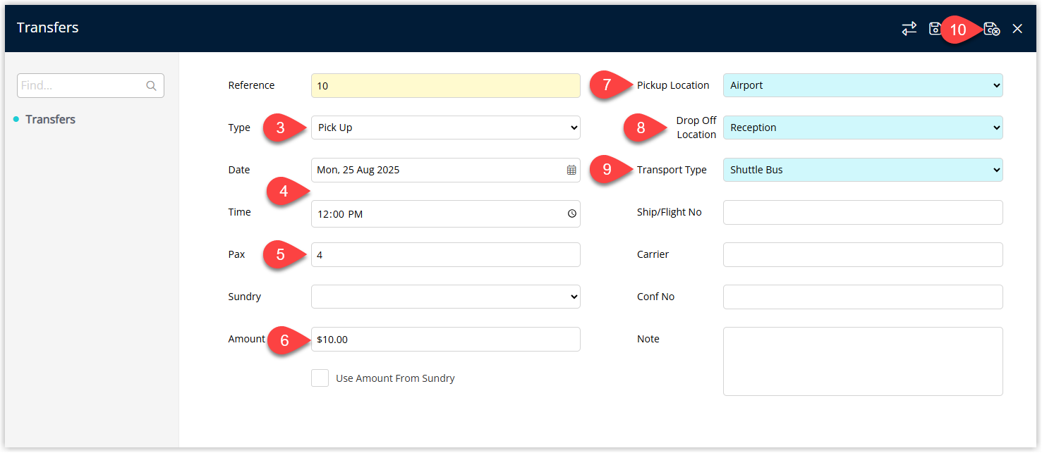 Screenshot of the Guest Transfer entry screen in RMS showing fields for Transfer Type, Date and Time, Number of Guests, optional Sundry Charge, Amount to Charge, Pick Up Location, Drop Off Location and Transport Type, with the Save/Exit button highlighted.