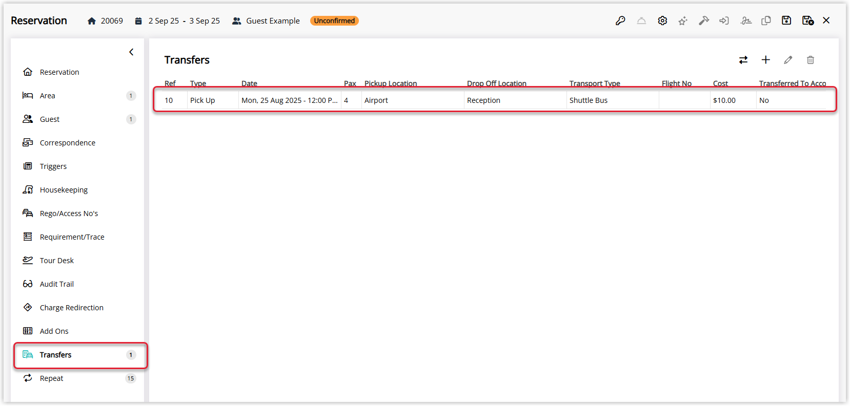 Screenshot of the Transfers tab on a reservation in RMS showing a table listing the created guest transfer, including columns for date, time, transfer type, locations, number of guests and charge amount.
