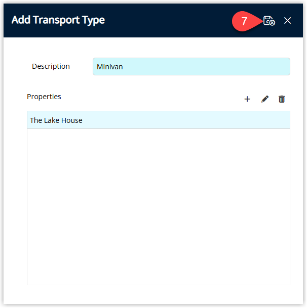 Annotated screenshot of the Add Transport Type window in RMS highlighting the property added to the list and the save icon