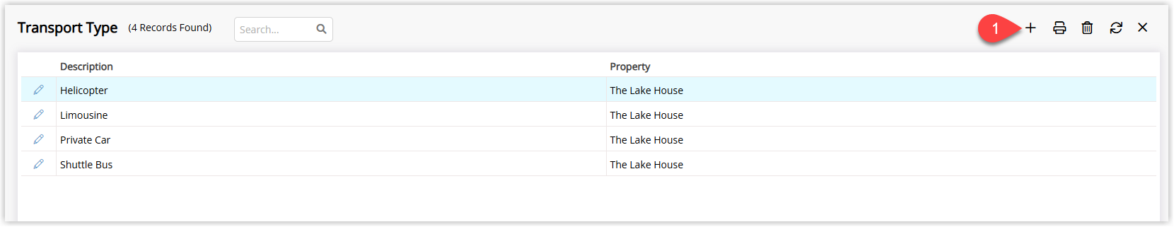Annotated screenshot of the Transport Type screen in RMS highlighting the add transport type icon