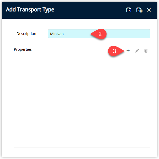 Annotated screenshot of the Add Transport Type window in RMS highlighting the Description field, the Properties section and the add property icon