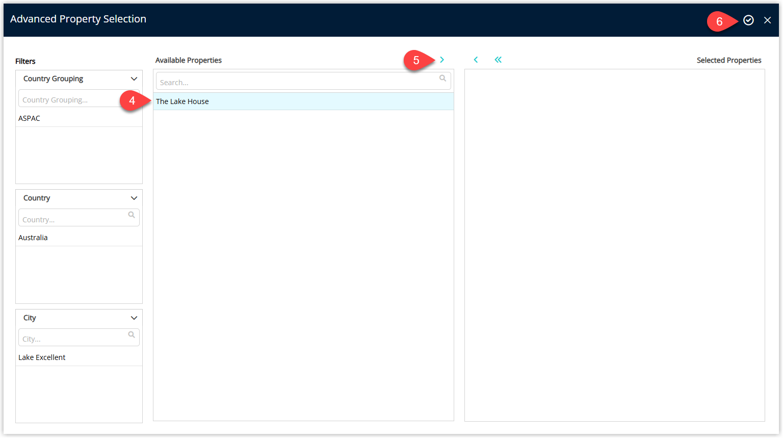 Annotated screenshot of the Advanced Property Selection window in RMS highlighting the Country Grouping filter, the available property, the move-to-selected arrow and the confirm icon