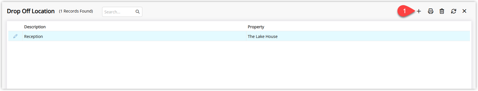 Drop Off Location lookup table screen in RMS showing a list of existing drop off locations with an Add button to create a new location