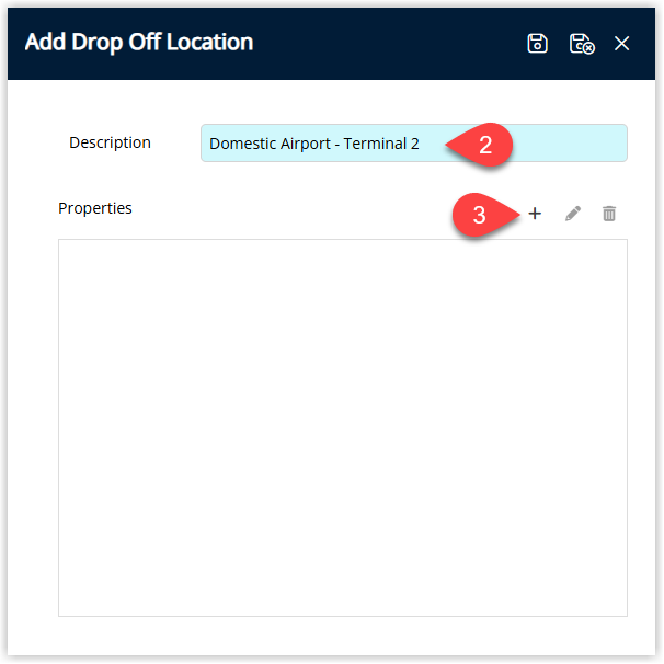 Drop Off Location detail window with a Description field for the drop off location name and an Add button to proceed to property allocation
