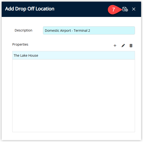 Drop Off Location detail screen confirming the description and allocated properties with a Save/Exit button to store the new drop off location