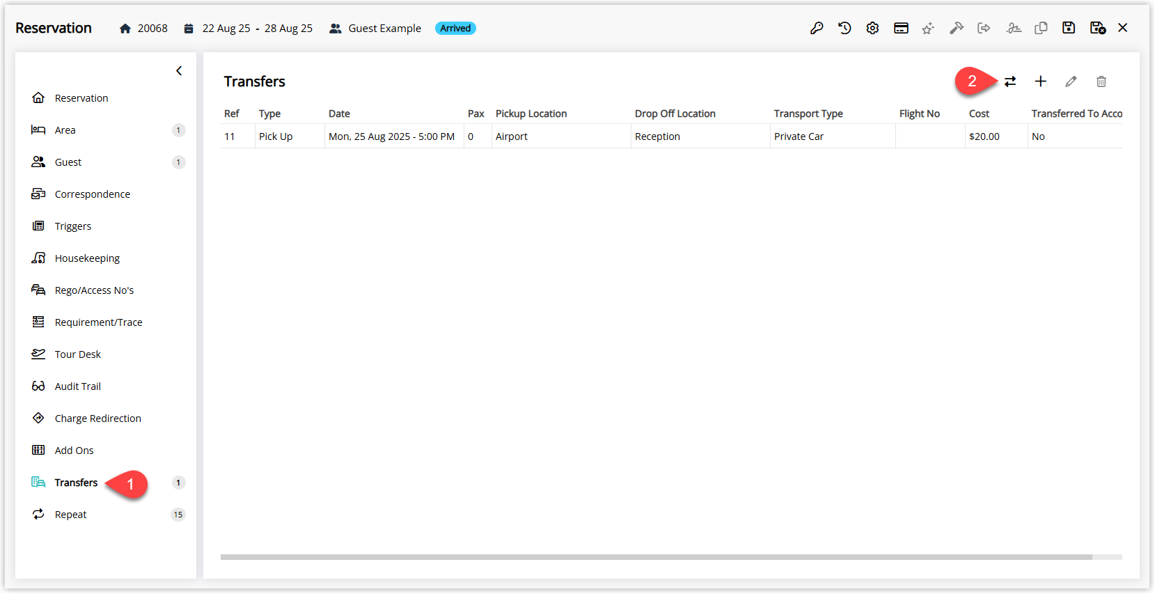 Screenshot of an open reservation in RMS with the Transfers tab selected, showing a list of guest transfers and the Transfer All to Account button highlighted to post all listed transfers to the reservation account.