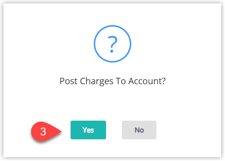 Screenshot of the confirmation dialog in RMS asking to post transfer charges to the account, with Yes and No buttons displayed and the Yes button highlighted to confirm posting all guest transfer charges.